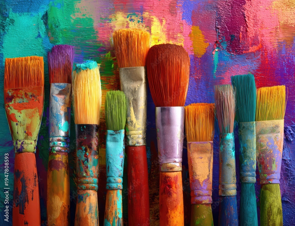 Fototapeta premium Vibrant Artist Paint Brushes with Colorful Paint Strokes on Canvas.