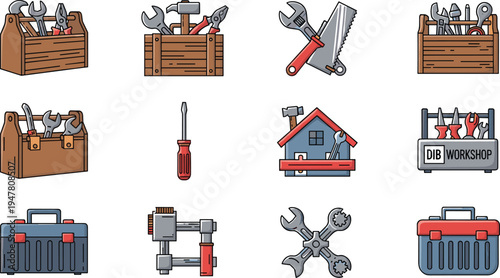Toolbox and Workshop Icon Set Featuring Wrenches, Screwdrivers, Saws, and Toolkits for DIY, Home Improvement, and Construction Designs