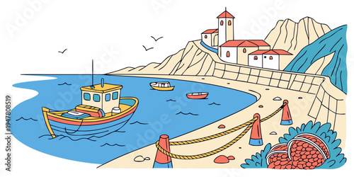 A colorful illustration of a beach scene with a lighthouse and boats Vector