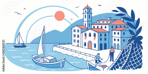 A blue and white illustration of a lighthouse by the sea Vector