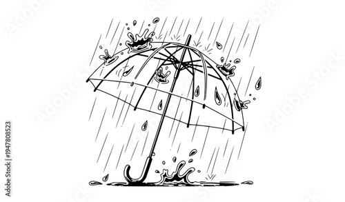 Transparent Umbrella with Rain Drops Splash Vector Illustration Rainy Weather Protection Concept