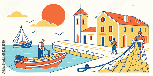 A colorful illustration of a fishing village by the sea Vector
