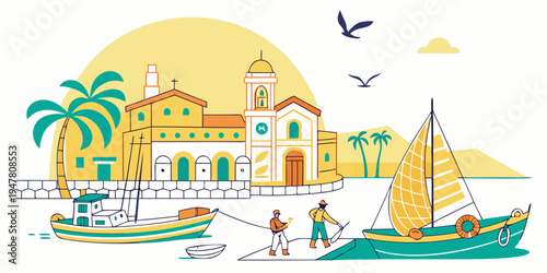 A colorful illustration of a tropical coastal town with a sailboat Vector