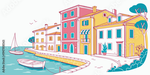A colorful illustration of a waterfront town with buildings and boats Vector