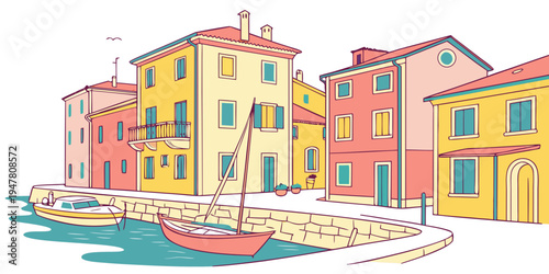A colorful sailboat in a small harbor with buildings Vector
