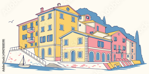 A colorful illustration of a european coastal town Vector