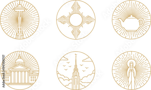 Minimal landmark and cultural symbols line icons set with Space Needle cross teapot capitol building skyline and sacred figure
