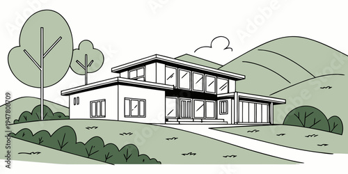 A large white house on a grassy hill Vector