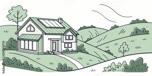 A white house with a green roof on a hill Vector