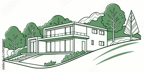 A large white house with a green roof and trees Vector