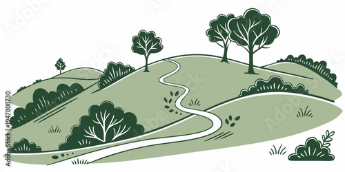 A green hillside with trees and a winding path Vector