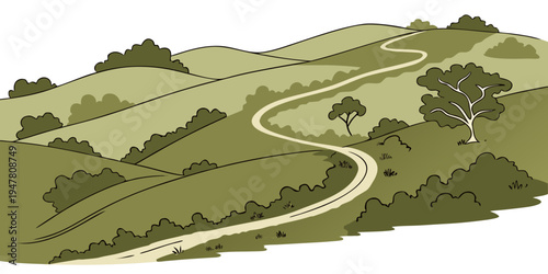 A winding road through a green countryside landscape Vector