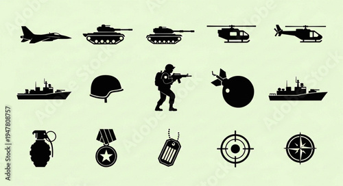 Military icons set with tanks, aircraft, weapons, and army equipment silhouettes