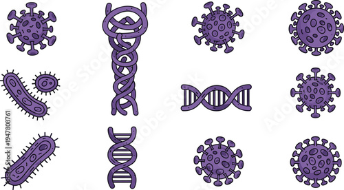 Virus and Bacteria Icon Set Featuring Microbial Structures, DNA Helix, and Pathogen Symbols for Medical, Science, and Health Designs