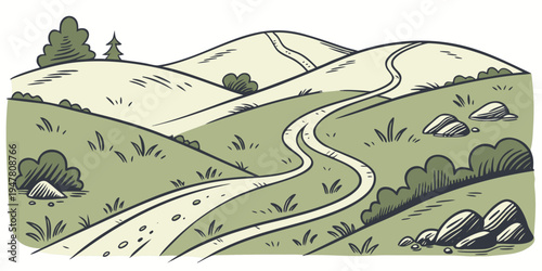 A winding road through rolling hills and green landscape Vector