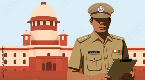 Obraz na plátně Illustration of Indian police officer in khaki uniform holding clipboard, standing before Supreme Court of India dome, symbolizing law enforcement, judiciary, and documentation