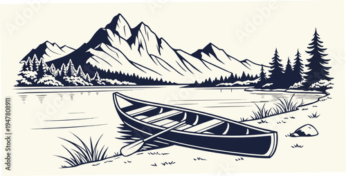 A serene lake scene with a canoe and majestic mountains Vector