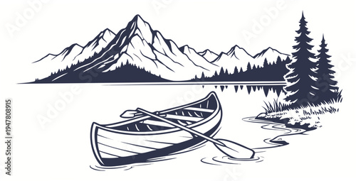 A boat sitting on the shore of a lake with mountains in the background Vector