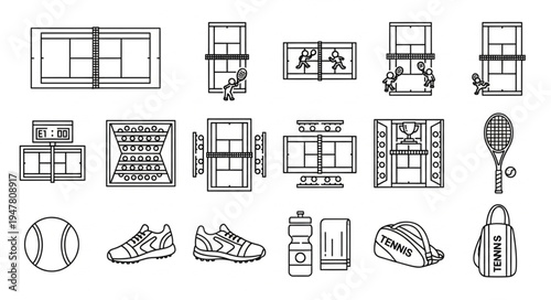 Tennis Court Layouts and Equipment Sketches for Sports Design.