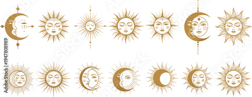 Vintage celestial sun and moon faces collection with radiant solar symbols mystical astrology decorative line art vector set