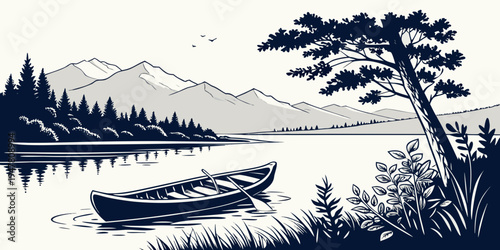 A boat is floating on a lake near a tree Vector