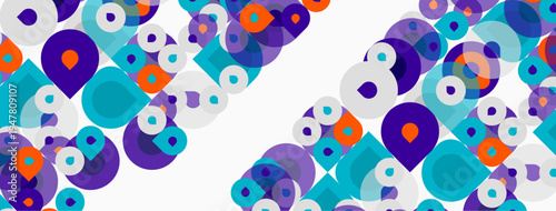 Abstract pattern features colorful circles, squares. Diagonal lines create dynamic visual texture. Bright hues dominate white background.