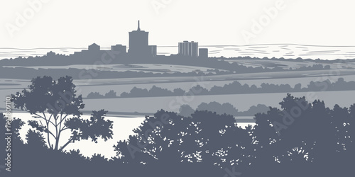 USA, US, U.S, United States - Billings skyline prairie horizon monochrome city panorama poster