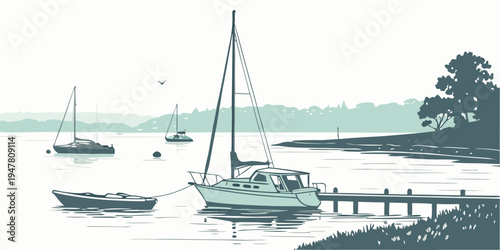 A sailboat and small boats are moored near a dock Vector