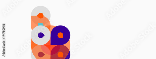 Abstract colorful shapes overlap, creating dynamic composition. Circles, curves, vibrant hues dominate minimalist background.