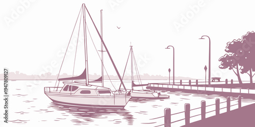 A sailboat is docked at a pier by the water Vector