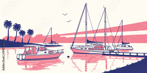 Sailboats moored in a serene bay at sunset Vector