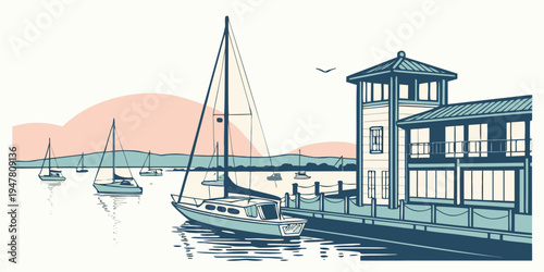 A house on a dock with a sailboat Vector