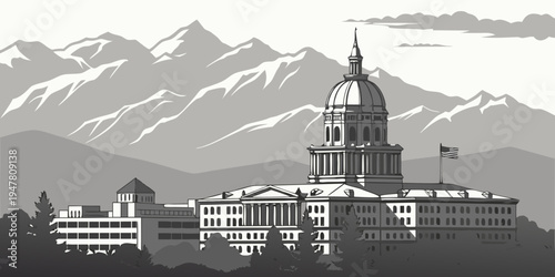 USA, US, U.S, United States - Bozeman skyline with alpine mountains monochrome city panorama 