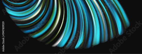 Abstract curved lines form shelllike shape. Blue, green, silver hues blend smoothly. Dark background emphasizes flowing design.