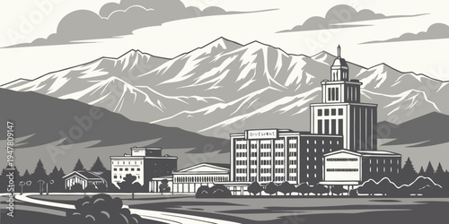 USA, US, U.S, United States - Bozeman skyline with alpine mountains monochrome city panorama 