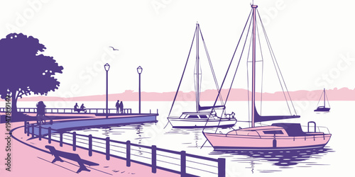 A sailboat is docked at a pier by the water Vector