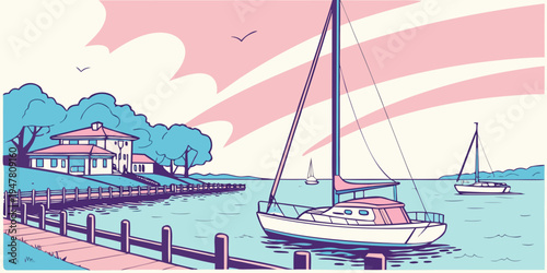 A sailboat is moored at a dock near a building Vector