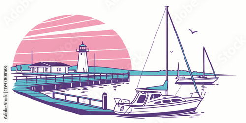 A sailboat is docked near a lighthouse at sunset Vector