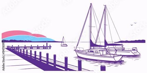 Sailboat moored at a dock with a colorful umbrella Vector