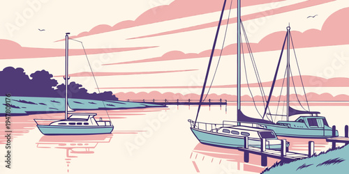 A serene harbor scene with sailboats at sunset Vector