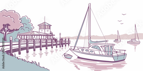 A sailboat floats on calm water near a dock Vector