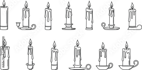 Set of twelve lit candle illustrations with melted wax and decorative holders for festive, spiritual and decorative vector design projects