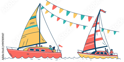 Two sailboats with colorful sails and bunting Vector