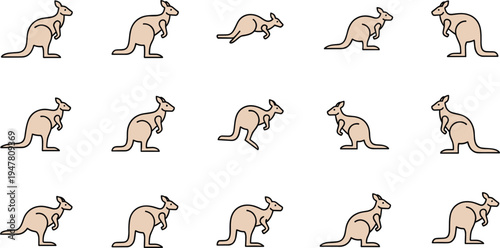 Minimalist kangaroo line art icon set featuring various athletic poses including jumping standing and sitting silhouettes for wildlife branding and nature education.