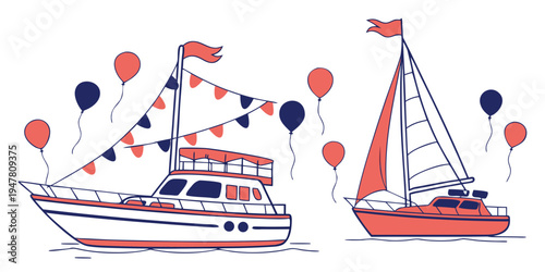 Boats with red and blue balloons and flags sailing Vector