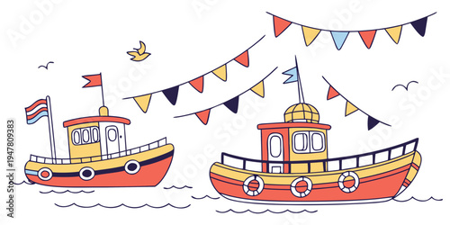 Two red and yellow boats with flags and bunting Vector
