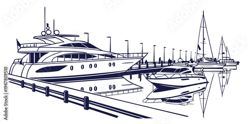 A large yacht is docked in a marina with other boats Vector