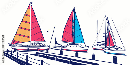 Three sailboats are docked at a pier Vector