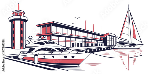 A red and white boat docked near a large building Vector