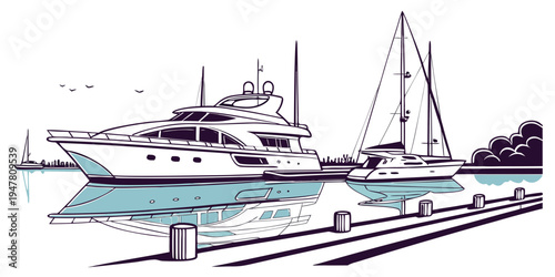 A large yacht is docked in the water Vector